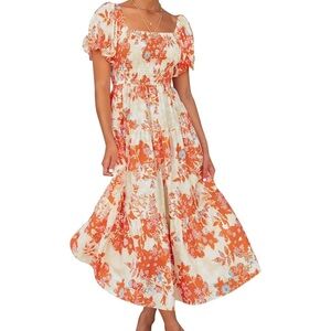 Vibrant Orange Red Smocked Cap Sleeve Blouse